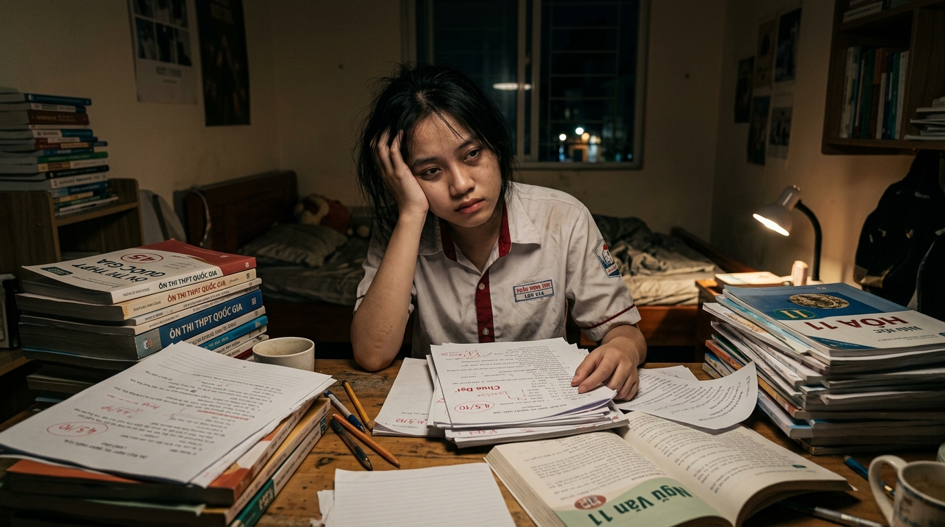 Nữ sinh trường chuyên mệt mỏi gục đầu bên bàn học đêm muộn trước chồng sách vở ôn thi đại học