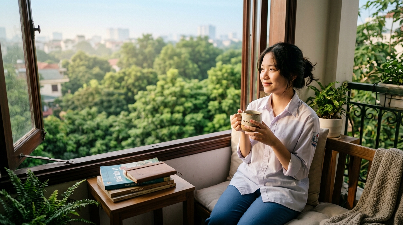 Nữ sinh thanh thản mỉm cười đón ánh ban mai bên khung cửa sổ lớp học, buông bỏ áp lực điểm số