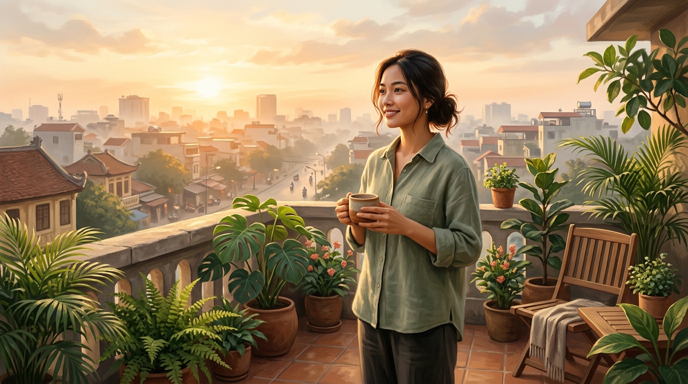 Người trẻ đứng tự tin đón bình minh ấm áp trên ban công, thanh thản với nhịp điệu sống tự thân